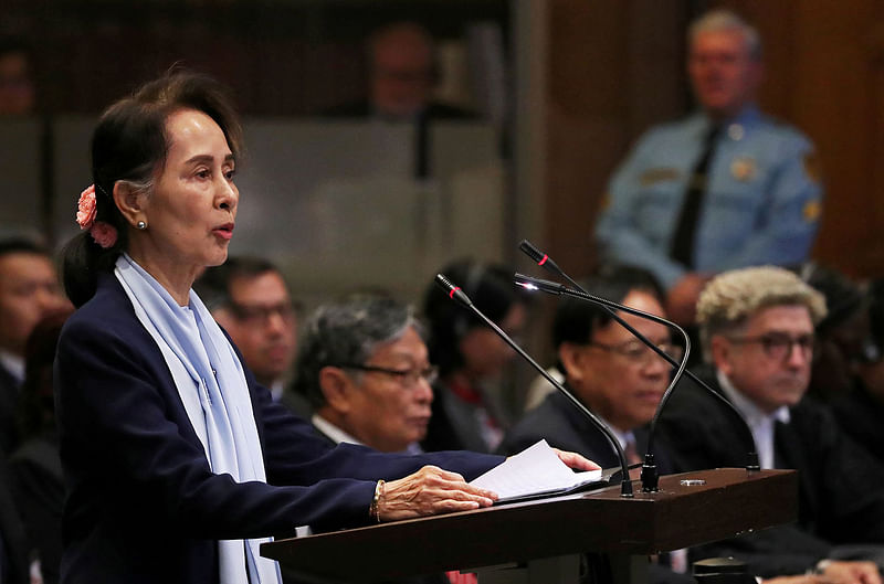 Myanmar`s leader Aung San Suu Kyi speaks on the second day of hearings in a case filed by Gambia against Myanmar alleging genocide against the minority Muslim Rohingya population, at the International Court of Justice (ICJ) in The Hague, Netherlands on 11 December 2019. Reuters File Photo