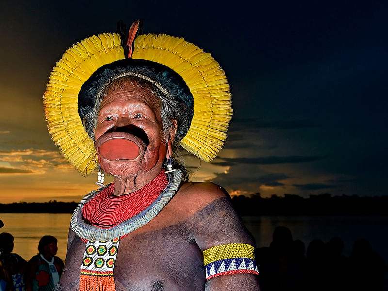 Indigenous leader Cacique Raoni Metuktire of the Kayapo tribe, leaves a press conference in Piaracu village, near Sao Jose do Xingu, Mato Grosso state, Brazil, on 15 January 2020. Brazil`s government will propose legalizing oil and gas exploration as well as hydroelectric dam construction on indigenous land, a report said Saturday, citing a draft of a bill to be sent to Congress.