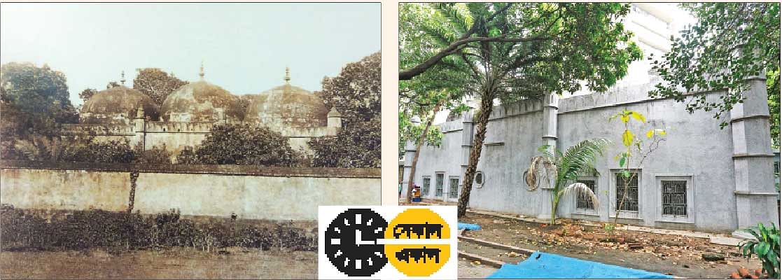 শাহ জালাল দাখিনীর মসজিদ। ১৮৮০ সালের ছবি রাজউক ভবনের পাশে মসজিদের বর্তমান রূপl সংগৃহীত