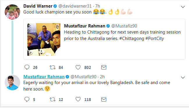 মোস্তাফিজ-ওয়ার্নারের টুইট : ছবি: টুইটার