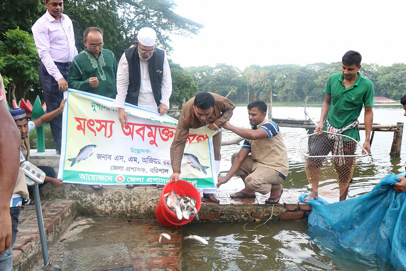 বরিশালের বাবুগঞ্জ উপজেলার মাধবপাশা এলাকায় ঐতিহ্যবাহী দুর্গাসাগর দিঘিতে মাছ ও হাঁস অবমুক্ত করা হয় আজ। ছবি: প্রথম আলো