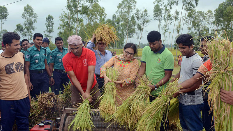 ধান কাটার পর মাড়াই করছেন পুলিশ সদস্যরা। খটখটিয়া, রংপুর, ২৫ মে। ছবি: মঈনুল ইসলাম