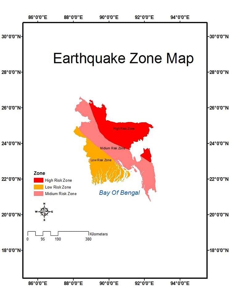 বাংলাদেশের কোন এলাকাগুলো কতটা ভূমিকম্প ঝুঁকিতে। আবহাওয়া অধিদপ্তর থেকে পাওয়া ম্যাপ