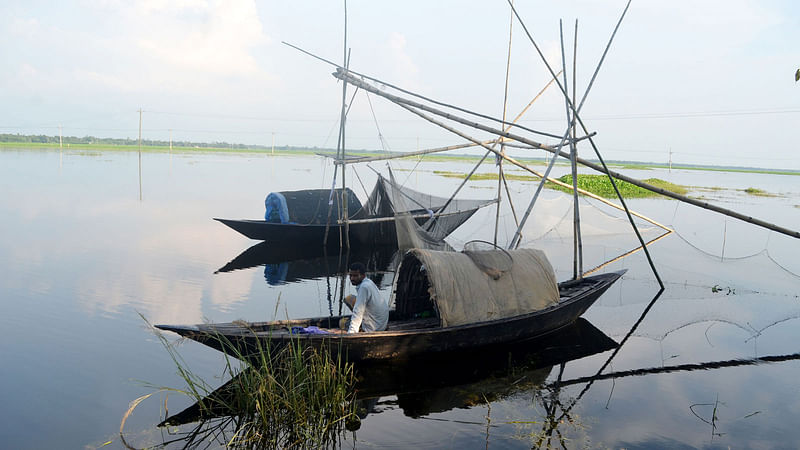 জাল ফেলে মৎস্যজীবী বসে আছেন নৌকায়