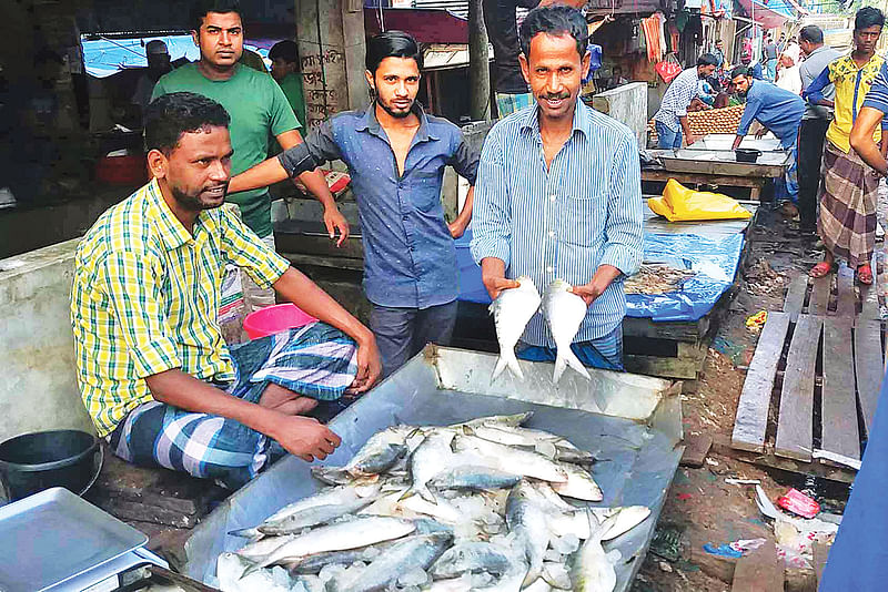 পটুয়াখালী শহরের নিউমার্কেটে ইলিশের বেচাকেনা জমে উঠেছে।  ছবি: প্রথম আলো