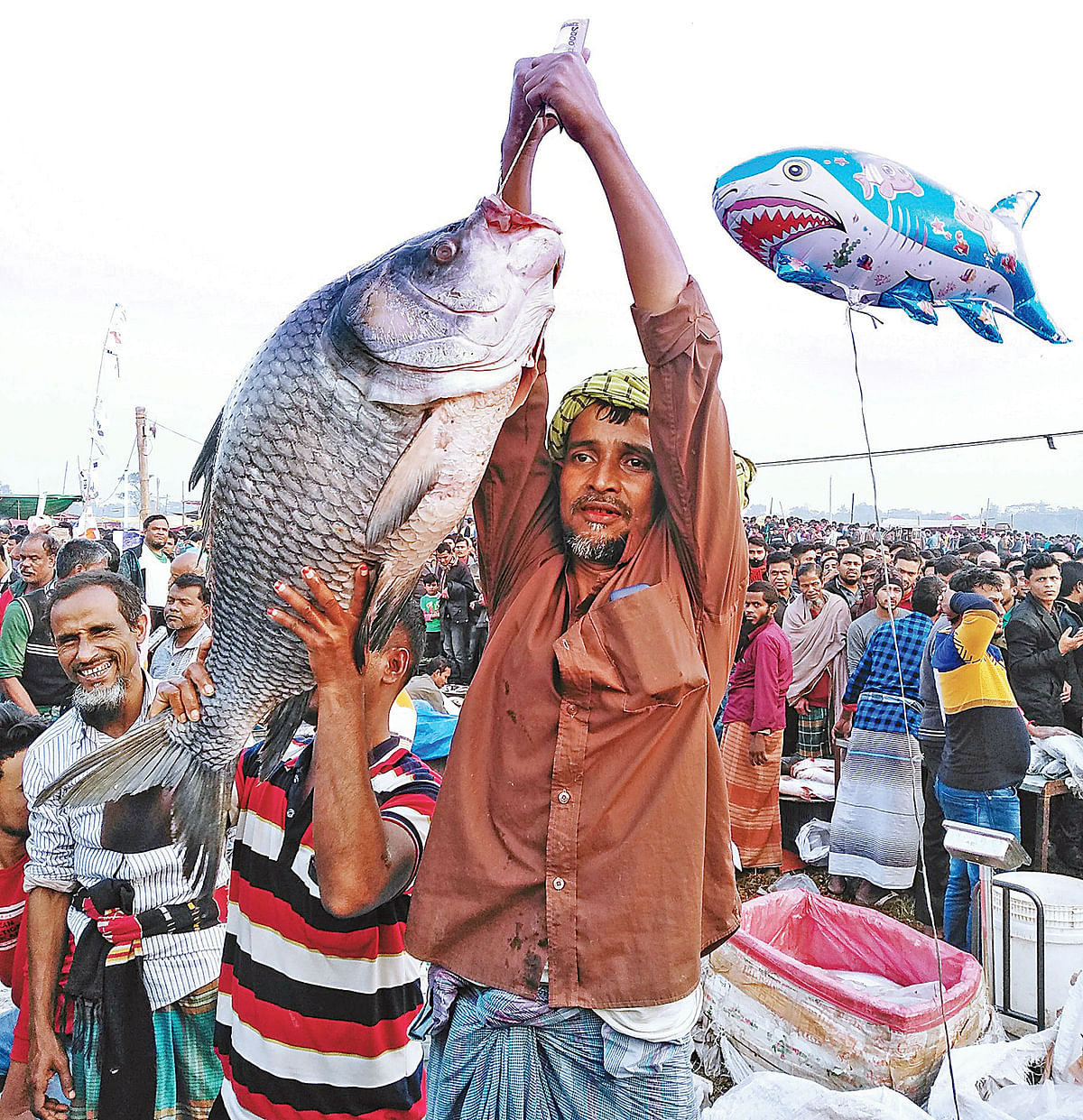 জামাই মেলায় মাছ তুলে ধরেছেন এক বিক্রেতা। গতকাল গাজীপুরের কালীগঞ্জের বিনিরাইল গ্রামে।  ছবি: প্রথম আলো