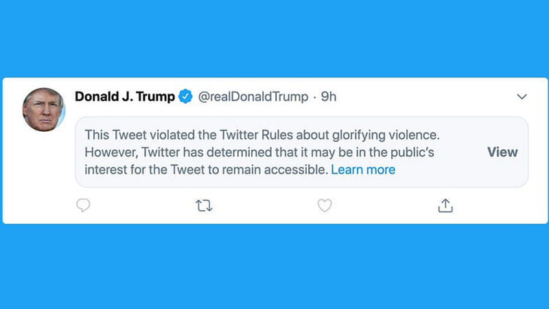 ট্রাম্পের টুইটের বিরুদ্ধে ব্যবস্থা নিয়েছে টুইটার