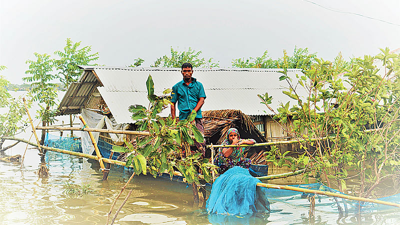 কয়রা সদর ইউনিয়নের ২ নম্বর ওয়ার্ডের একটি পাড়া। চারদিকে থইথই পানি। ছবিটি তোলার সময় ছিল ভাটা, তাই পানি কম। জোয়ারে তা আরও বাড়ে।  ছবি: লেখক