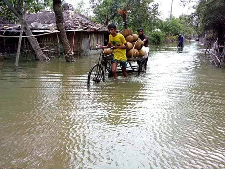 পানি ভেঙে ফুলতলা বাজারে কাঁঠাল নিয়ে যাচ্ছেন এক ব্যক্তি। ছবি: কল্যাণ ব্যানার্জি