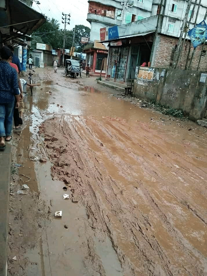 কিশোরগঞ্জের বাজিতপুর পৌরসভার ৬ নম্বর ওয়ার্ডের ভাগলপুর গ্রামের সড়ক। ছবিটি ১১ জুলাই তোলা।