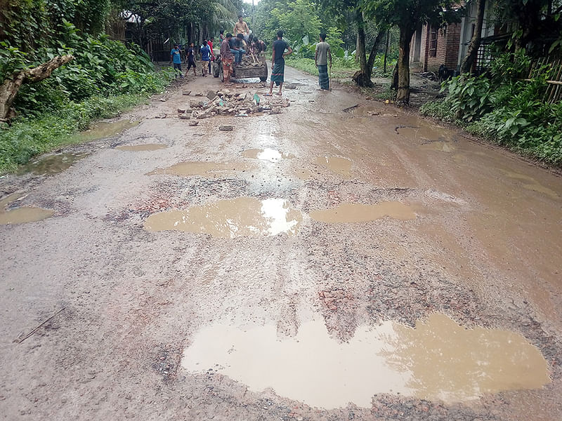 ঝিনাইদহের হরিণাকুণ্ডের ভেড়াখালী গ্রামের পাকা সড়ক ভেঙে বড় গর্ত তৈরি হয়েছিল। রাস্তা সংস্কারে কাজ করছে বিশ্ববিদ্যালয় ও কলেজ পর্যায়ের শিক্ষার্থীদের সংগঠন ভেড়াখালী যুব উন্নয়ন সংঘ। ছবি: লেখক