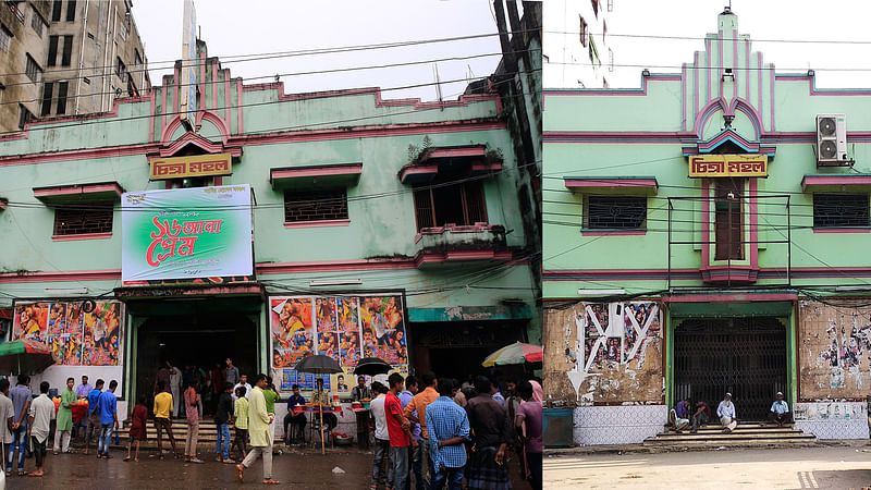 করোনাকালের আগে সিনেমা হলের সামনে থাকত ভিড়। এখন সিনেমা হলের সামনে ভিড় নেই। হলের গেটে বসে অলস সময় কাটাচ্ছেন কিছু মানুষ। ছবি: মাসুম আলী