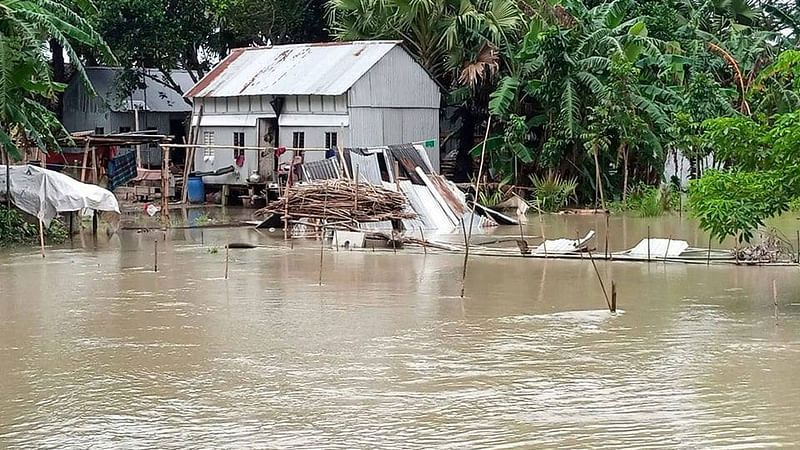 মাদারীপুরের শিবচর উপজেলায় পদ্মার পানি কিছুটা কমতে শুরু করছে। তবে এখনো পানিবন্দী হাজারও মানুষ। আজ সোমবার দুপুরে পদ্মার চরাঞ্চল চরজানাজাত এলাকা থেকে ছবিটি তোলা। ছবি: প্রথম আলো