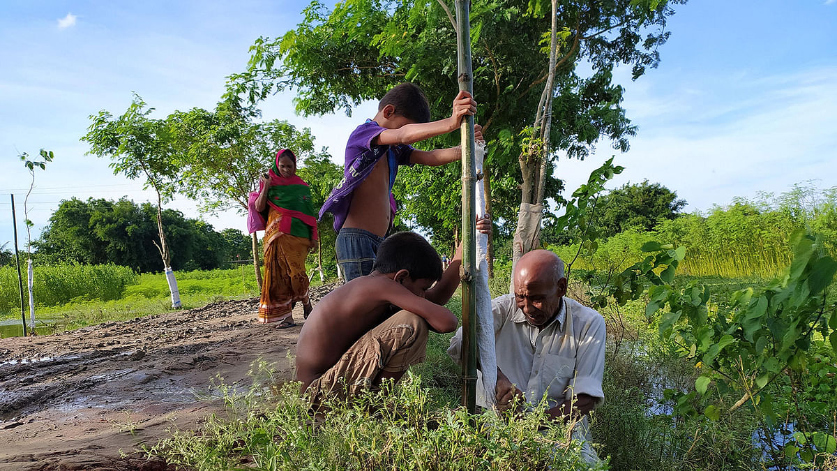 চাঁপাইনবাবগঞ্জের শিবগঞ্জ উপজেলার মনাকষা ইউনিয়নের হঠাৎপাড়া গ্রামের রাস্তার পাশে শিশুদের নিয়ে গাছ লাগাচ্ছেন বৃক্ষপ্রেমী কার্তিক পরামানিক। গত বুধবার। ছবি: প্রথম আলো