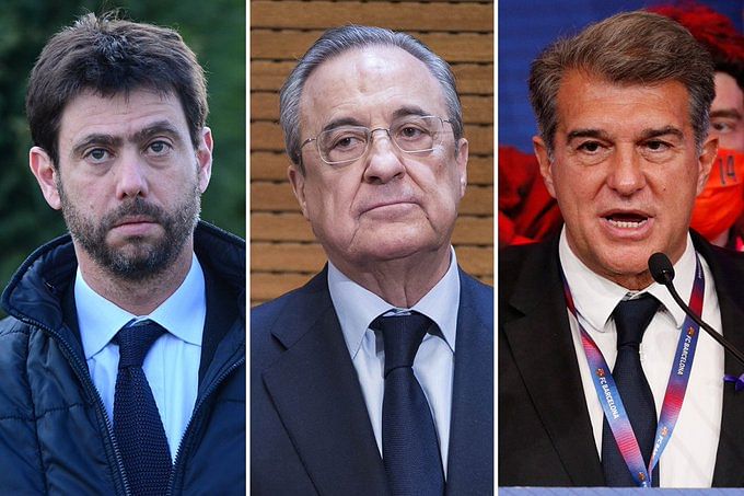 Juventus chairman Andrea Anelli (left), Real Madrid president Florentino Perez (center) and Barcelona president Juan Laporta