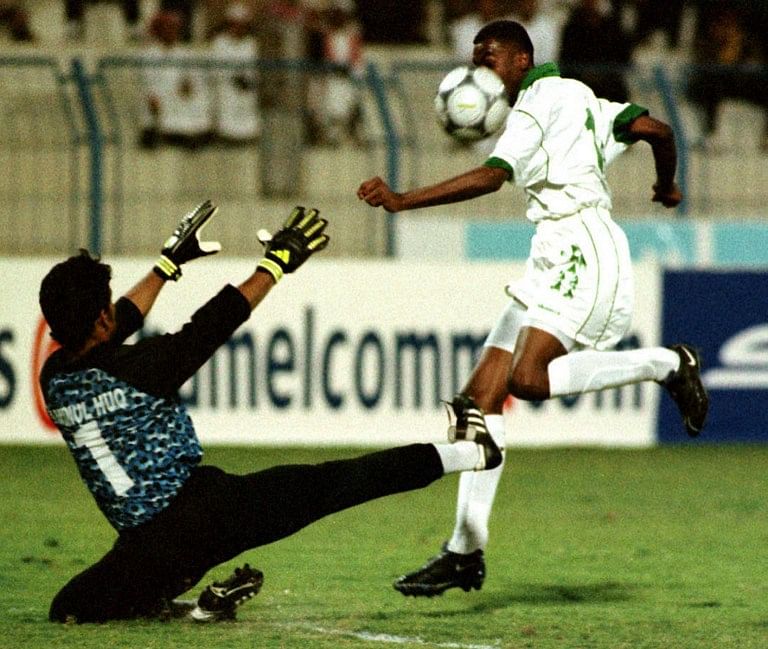 Bangladesh goalkeeper Aminul Haque in the match against Saudi Arabia in the 2001 World Cup qualifiers