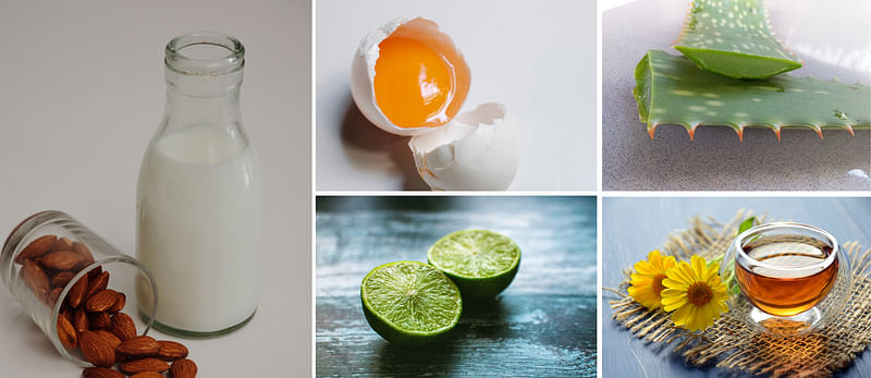 Homemade packs to prevent acne or skin aging can be made by mixing egg white, lemon juice, aloe vera gel or honey with almond milk as required.