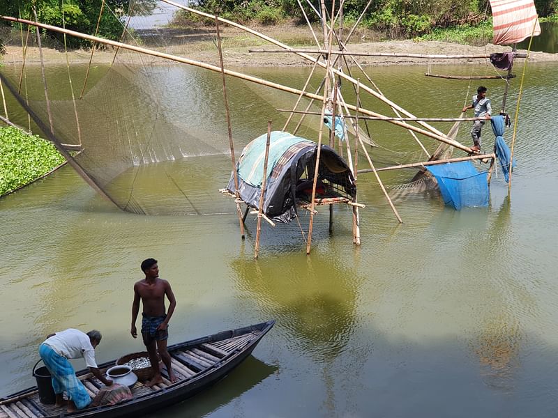 রাজবাড়ীর গোয়ালন্দ উপজেলার উজানচর ইউনিয়নের মইজদ্দিন মোল্লারপাড়া খালে জেলেরা মাছ শিকার করছেন। গোয়ালন্দ, রাজবাড়ী, ২৫ সেপ্টেম্বর