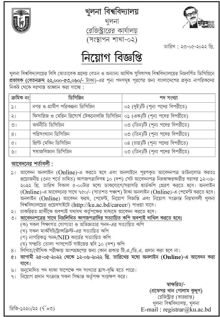 খুলনা বিশ্ববিদ্যালয় নেবে ১৬ প্রভাষক