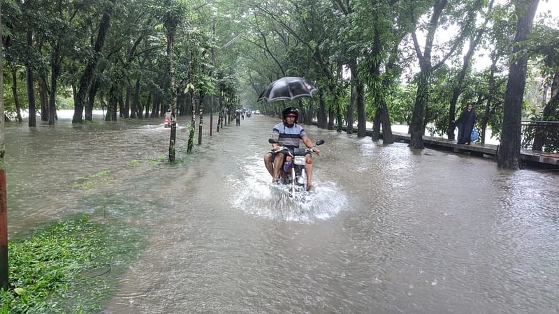 এত পানি অতীতে বিশ্ববিদ্যালয় এলাকায় কখনো ঢোকেনি। আজ শুক্রবার বেলা ১১টার চিত্র