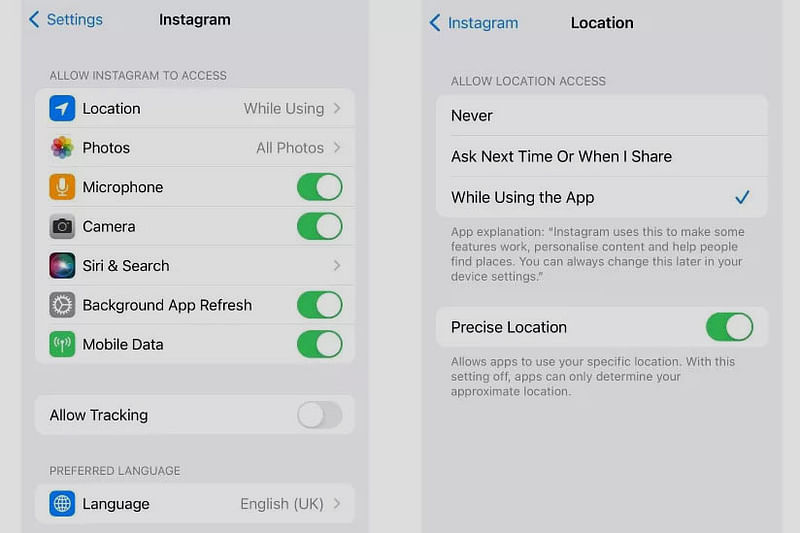ইনস্টাগ্রাম বলছে, প্রিসাইজ লোকেশন আইওএস বা অ্যান্ড্রয়েড অপারেটিং সিস্টেমের হালনাগাদ সংস্করণের একটি অপশন