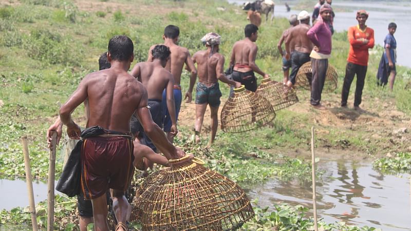  পলো নিয়ে নদীতে মাছ শিকার করতে যাচ্ছেন লোকজন।