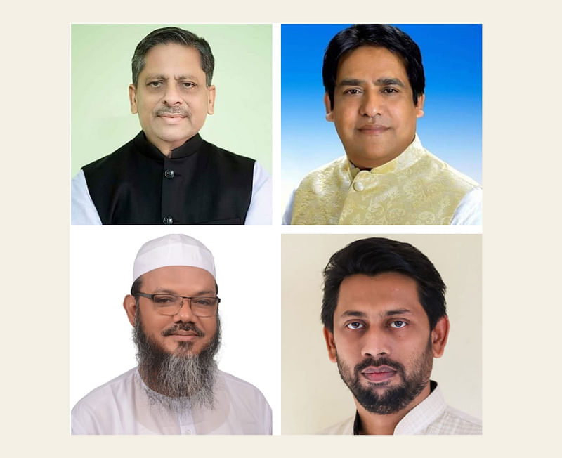 বরিশাল সিটি নির্বাচনে মেয়র পদে প্রতিদ্বন্দী চার প্রার্থী। (উপরে বাঁ থেকে) আবুল খায়ের আবদুল্লাহ, ইকবাল হোসেন, ফয়জুল করিম, কামরুল আহসান