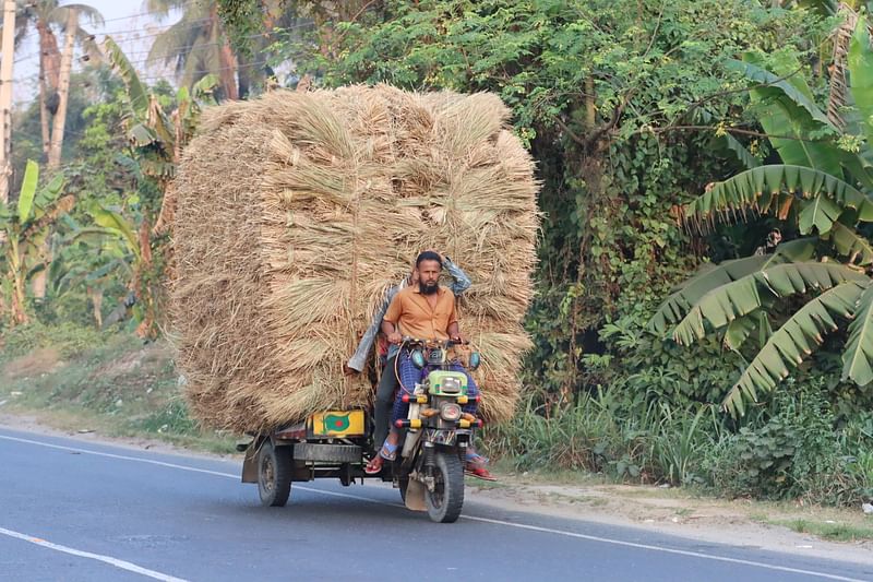 মহাসড়কে খড় বোঝাই নছিমন যাচ্ছে।