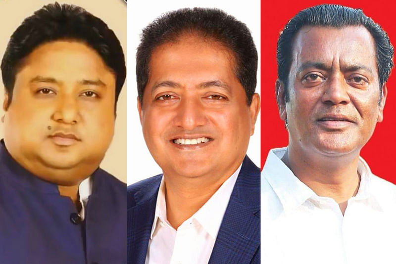 সুনামগঞ্জ সদর উপজেলা নির্বাচনে চেয়ারম্যান প্রার্থী (বাঁ থেকে) ফজলে রাব্বী, খায়রুল হুদা ও মনিষ কান্তি দেছবি: সংগৃহীত