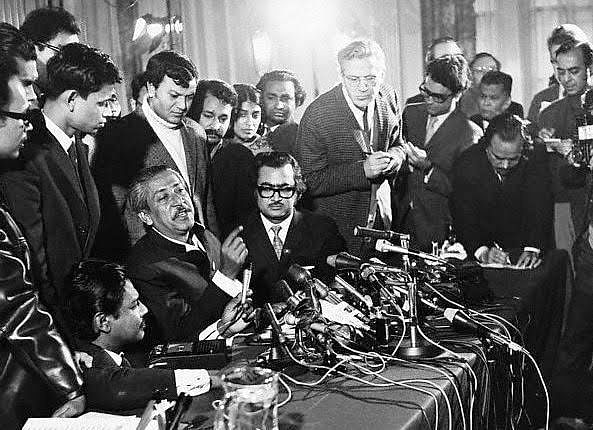 On 8 January 1972, Sheikh Mujibur Rahman attended a press conference in London, the UK, talking to the world media after his release from Pakistani prison.