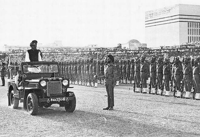 Independent Bangladesh’s prime minister Sheikh Mujibur Rahman observes the exit parade of the Indian Army on 12 March 1972.