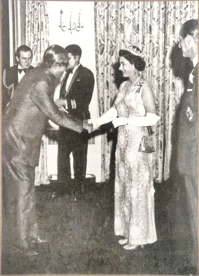 Sheikh Mujibur Rahman at Birmingham Palace with Queen Elizabeth the second and the Duke of Edinburgh in 1972.