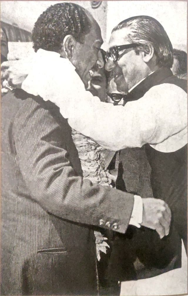 Sheikh Mujibur Rahman embracing Anowar Sadat, the President of Egypt in 1973.