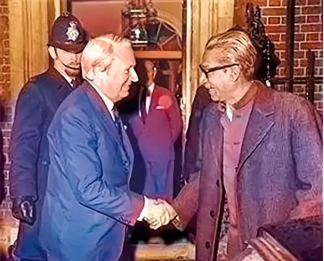 Sir Edward Richard George Heath, widely known as Ted Heath, former British politician prime minister, and Bangabandhu Sheikh Mujibur Rahman shook hand at 10 Downing Street on 8 January 1972.