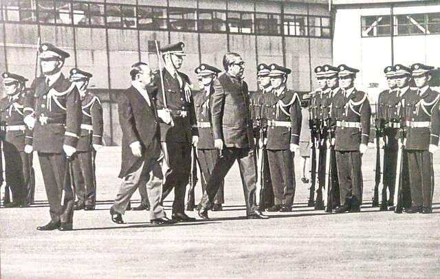Sheikh Mujibur Rahman receiving the guard of honor on his visit to Japan. Present with him is the Prime Minister of Japan Kakuei Tanaka in October 1973).