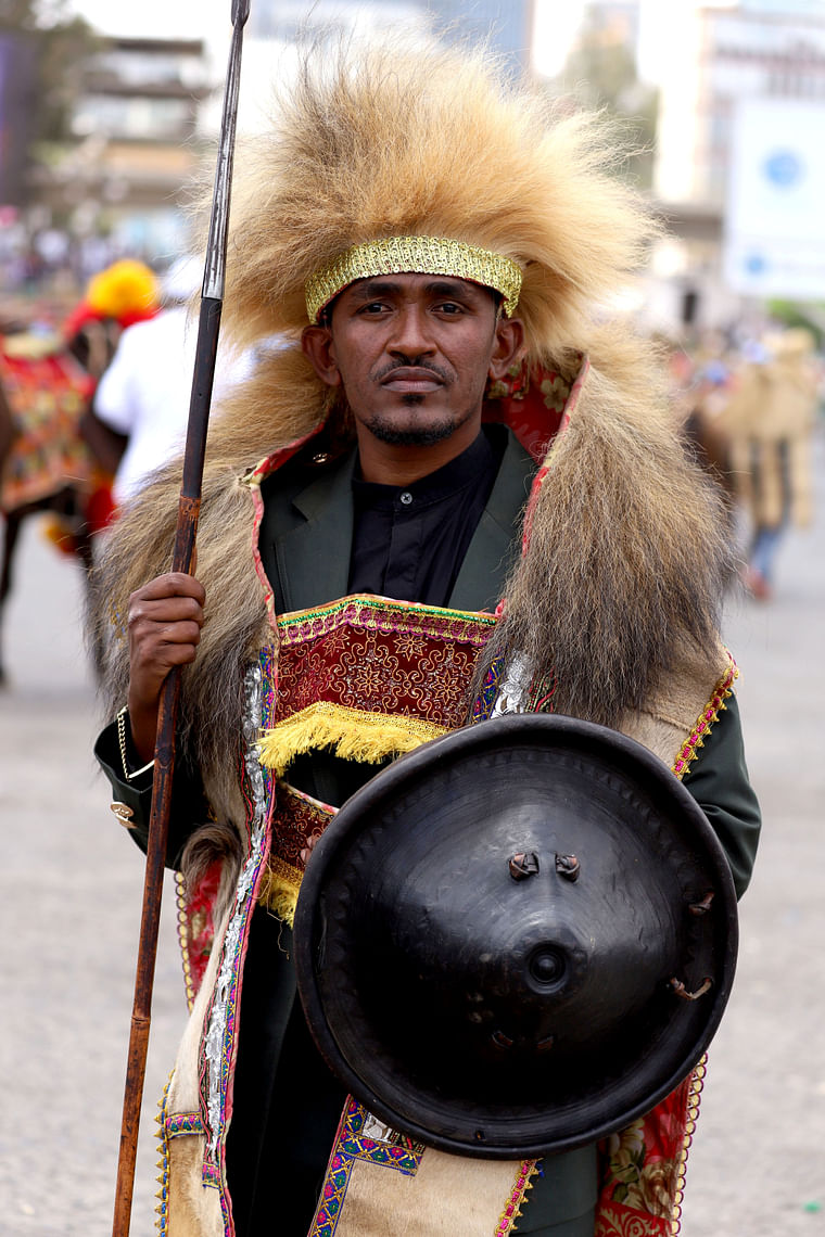 Ethiopian musician Haacaaluu Hundeessaa poses while dressed in a traditional costume during the 123rd anniversary celebration of the battle of Adwa in Addis Ababa