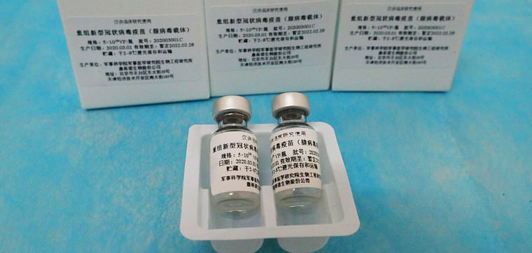 Vials of a COVID-19 vaccine candidate, a recombinant adenovirus vaccine named Ad5-nCoV, co-developed by Chinese biopharmaceutical firm CanSino Biologics Inc and a team led by Chinese military infectious disease expert, are pictured in Wuhan, Hubei province, China 24 March 2020. 