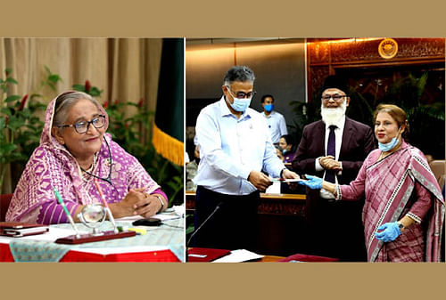  Prime minister Sheikh Hasina attended a donation handover ceremony through a video conference from her official Ganabhaban residence on Sunday.