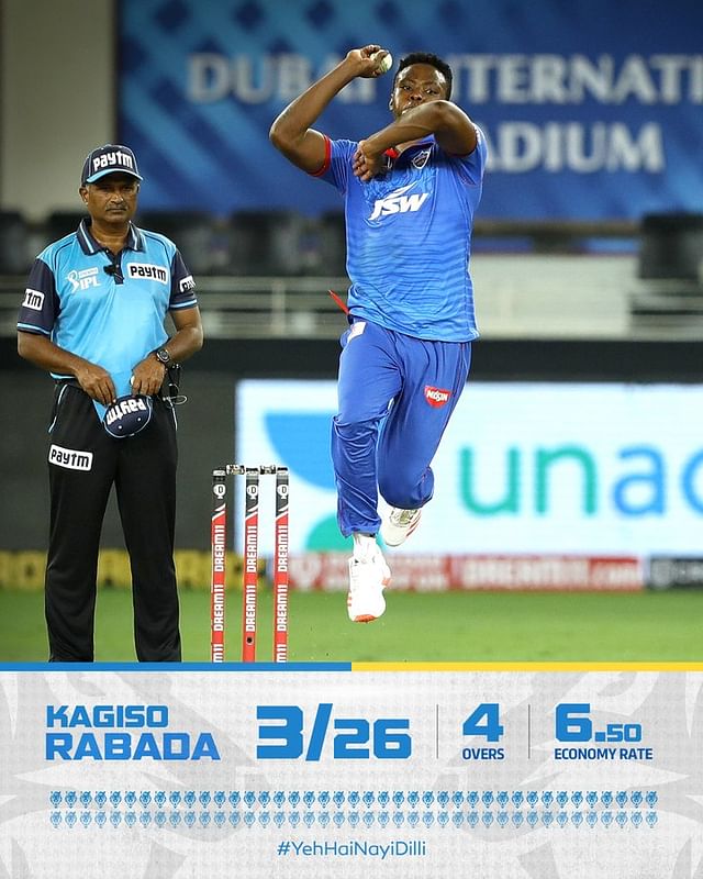 Kagiso Rabada bowls against Chennai Super Kings in IPL
