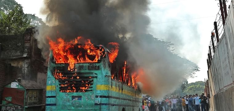 A bus set on fire near the National Press Club, Dhaka on 12 November 2020