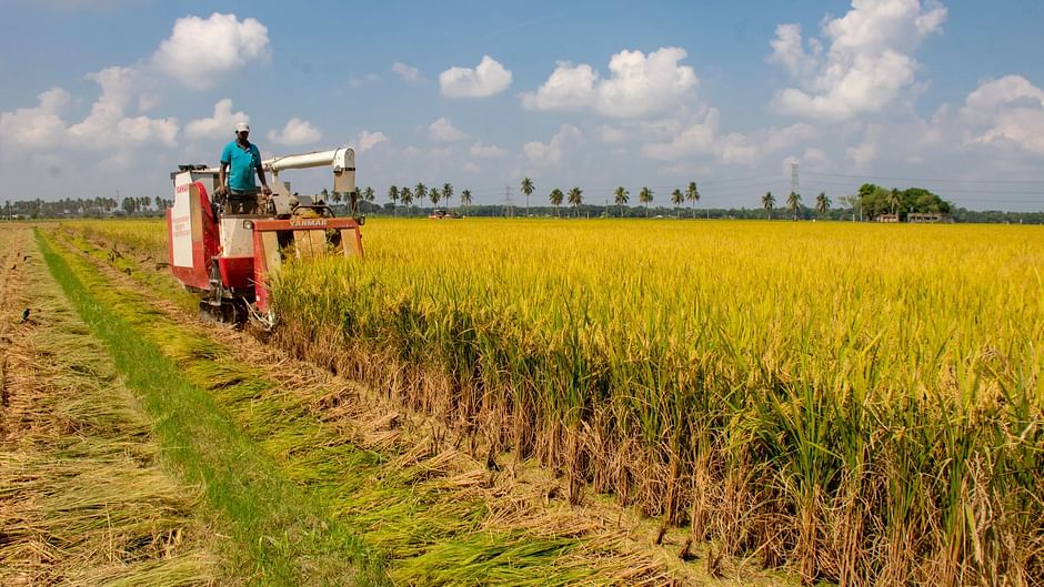 A farmer harvests crops with a harvester in Tebunia, Pabna on 3 November 2020 as mechanisation of agriculture helps them harvest more crops in a short time