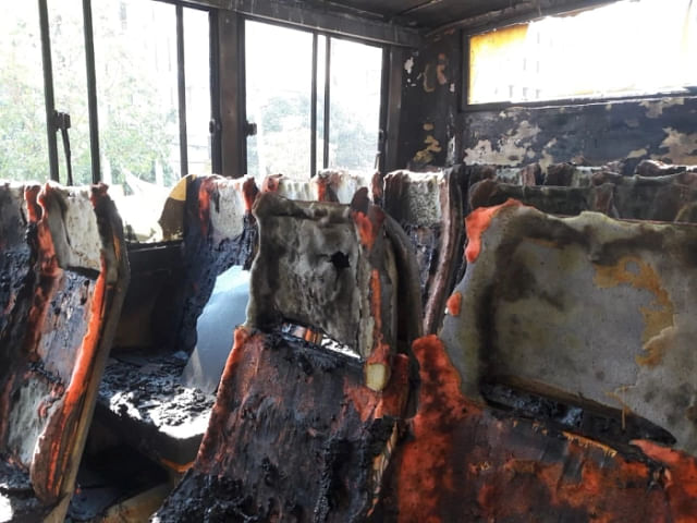 A bus is set on fire near Madhumita cinema hall in Motijheel and seats of the bus have been gutted on Thursday. 