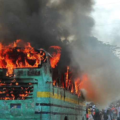 A bus set on fire near the National Press Club, Dhaka on 12 November 2020