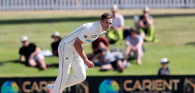New Zealand’s Tim Southee bowls on the fourth day of the first cricket Test match between New Zealand and Pakistan at the Bay Oval in Mount Maunganui on 29 December 2020