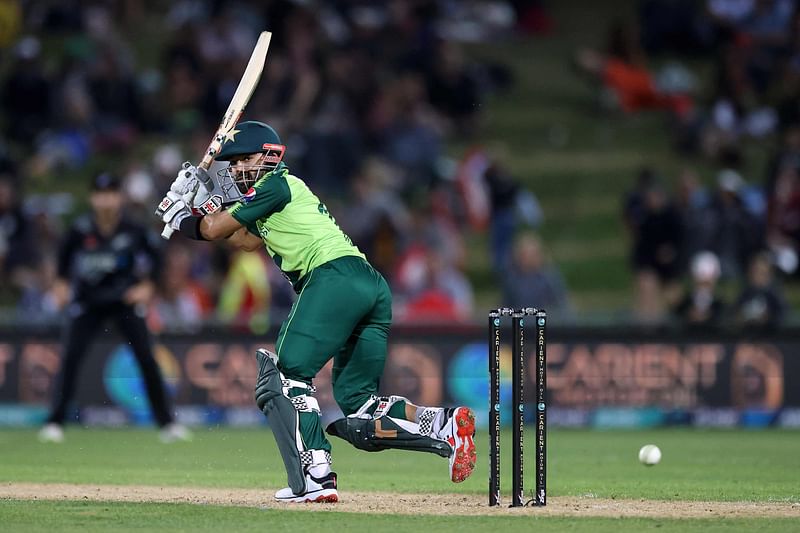 Pakistan's Mohammad Rizwan plays a shot during the third T20 cricket match between New Zealand and Pakistan at McLean Park in Napier on 22 December 2020