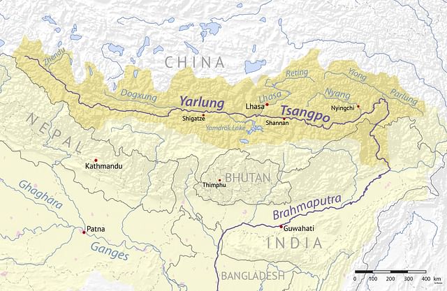 Map of the Yarlung Tsangpo river watershed which drains the north slope of the Himalayas. The Yarlung Tsangpo is sometimes considered the upper section of the Brahmaputra river in northeastern India, which flows to the Bay of Bengal and the Indian Ocean