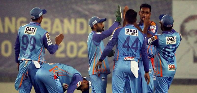 Gazi Group Chattogram pacer Shoriful Islam celebrates a wicket against Gemcon Khulna in Bangabandhu T20 Cup 2020 at Sher-e-Bangla National Cricket Stadium on 8 December 2020