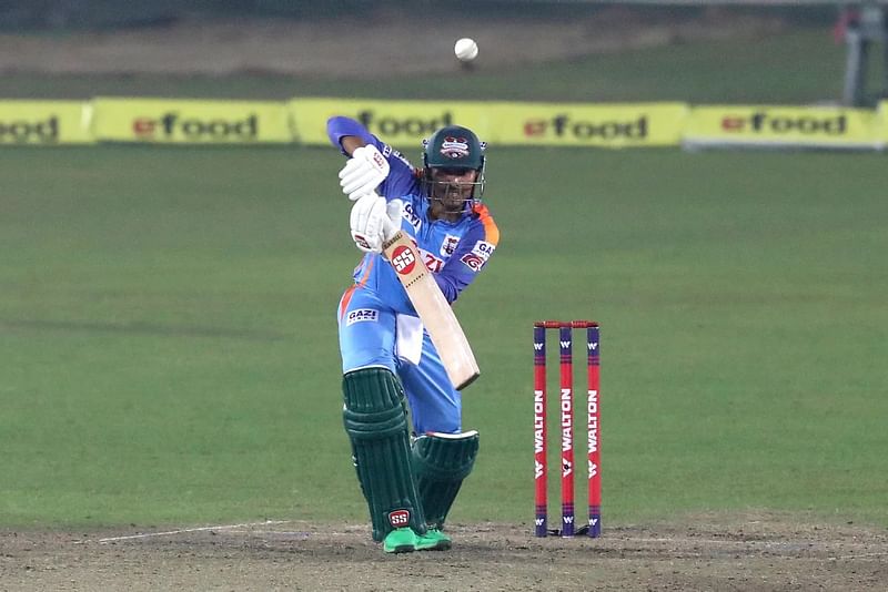 Gazi Group Chattogram's Soumya Sarker in action against Fortune Barishal in a match of Bangabandhu T20 Cup 2020 at Sher-e-Bangla National Cricket Stadium on 10 December 2020
