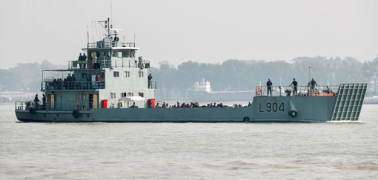 A navy ship carries Rohingya to Bhasan Char island in Chattogram, Bangladesh, on 4 December 2020