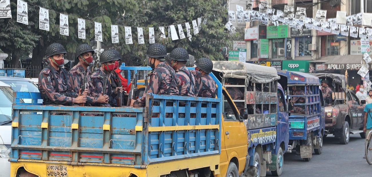 Members of Border Guard Bangladesh patrol on the streets on the eve of Chattogram City Corporation election on 25 January 2021. 